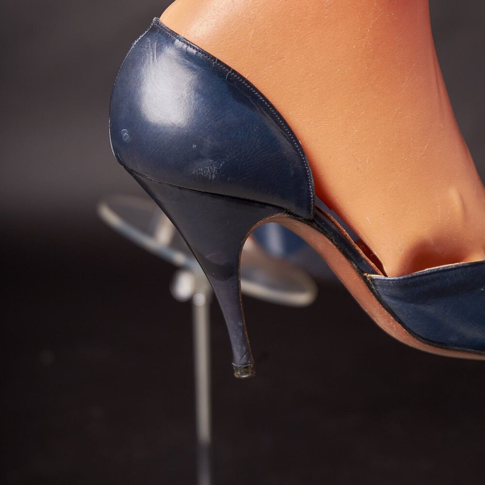 Vintage 1950s Navy Blue Ribbon Bow Pumps Heels Shoes